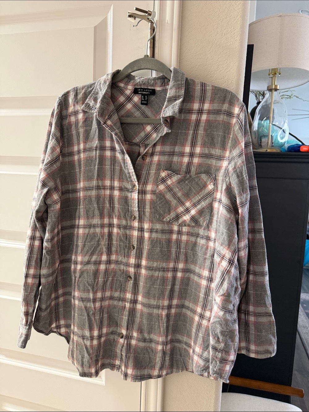 New Look Maternity Gray and Pink Plaid Button-Down Shirt Size 12